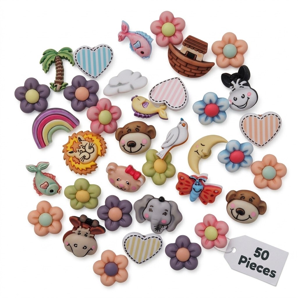 Zoo Animal Novelty Buttons: 50-Piece Assortment for Crafts, Sewing & DIY Projects with Lions, Elephants