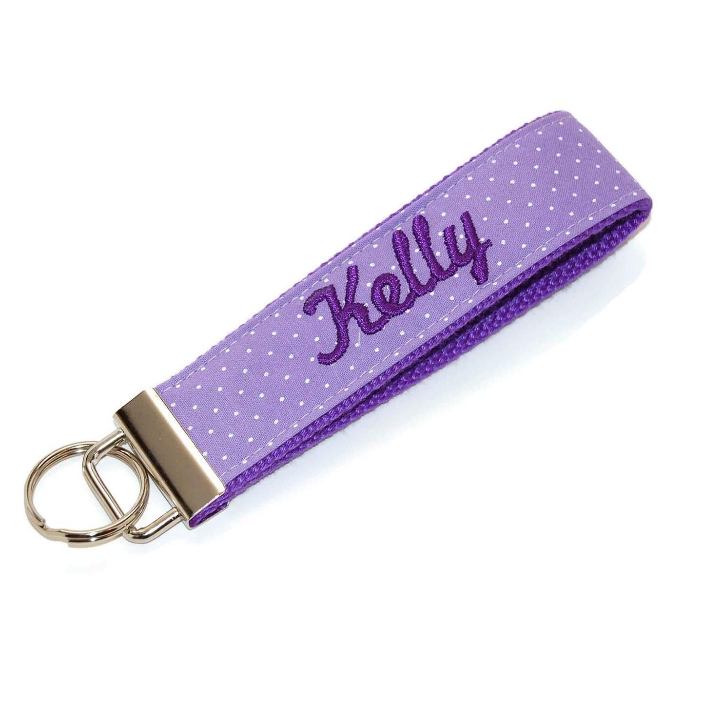 Purple Swiss Dot Personalized Keychain Wristlet - Embroidered with