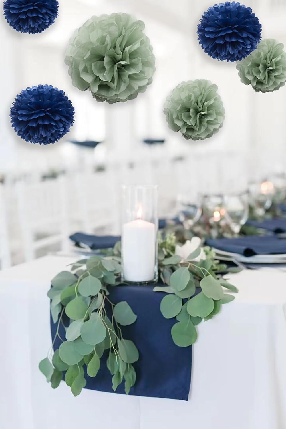 Navy Blue Sage Green Living Room Wall Decor - Hanging Tissue Pom Poms Paper Flowers Backdrop Boho Boy Baby Shower Nursery Bedroom Wedding Bridal Shower Party Décor, 9PCS