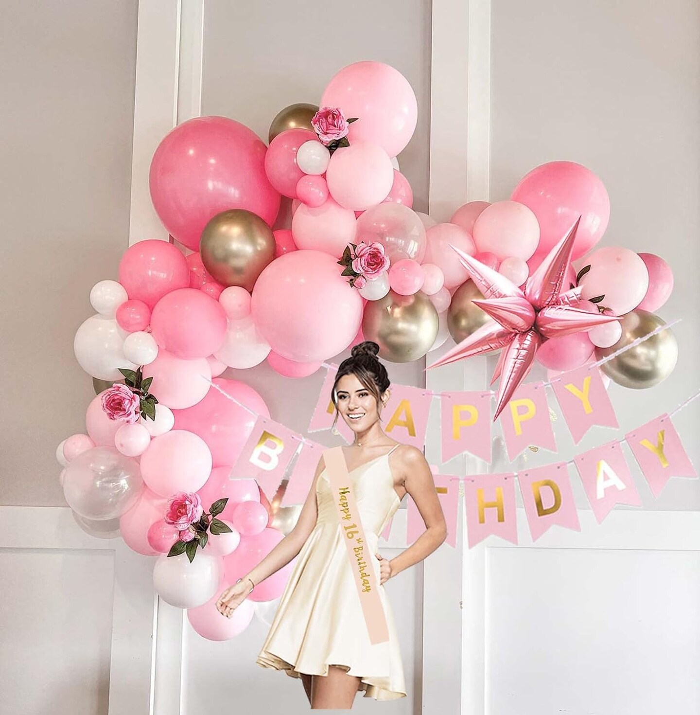Pink Gold Balloon garland kit 135Pcs Pastel Pink and Gold white balloons for Girl baby shower women Sweet 16/21th Birthday Mother&#x27;s Day Party Princess theme Decorations