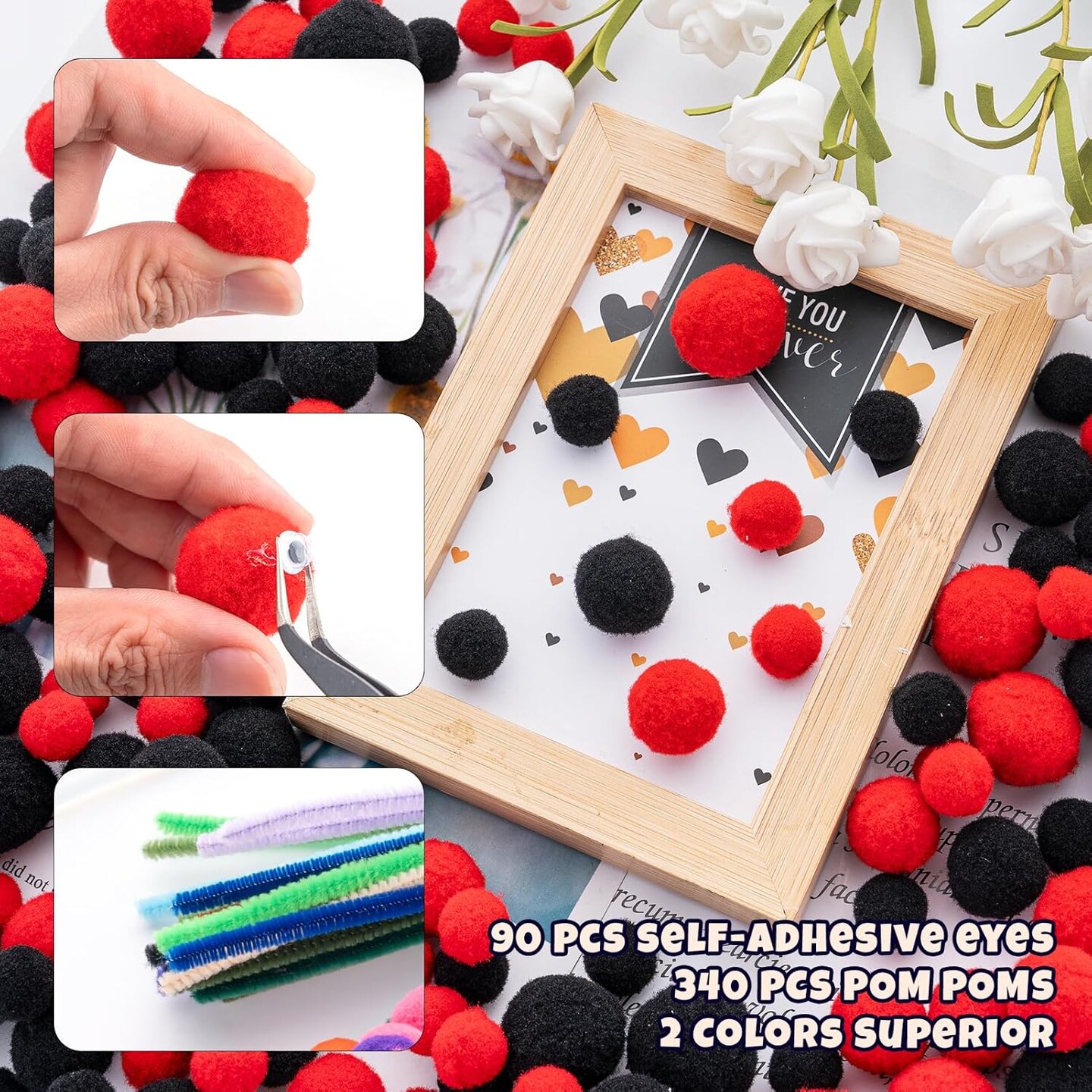 Pom Poms Set 460 PCS Red Crafts Fuzzy Balls with Glue Gun for Autumn Thanksgiving Christmas DIY Arts and Craft Making Decorations