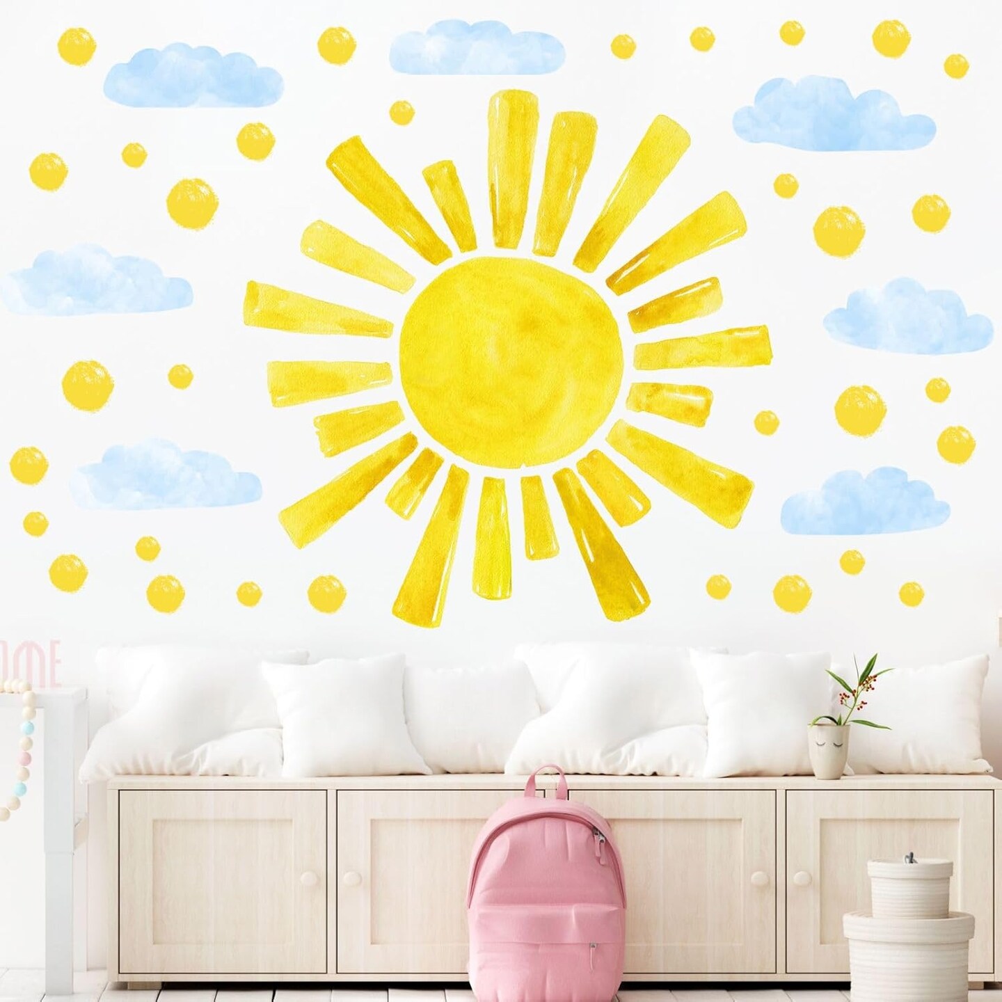 Large Sun Wall Decals Cloud Polka Dots Wall Stickers for Girls Room, 12 Sheets Watercolor Sun Wall Decor Stickers Cute Cloud Wallpaper Delicate Wall Decorations for Kids Room Bedroom