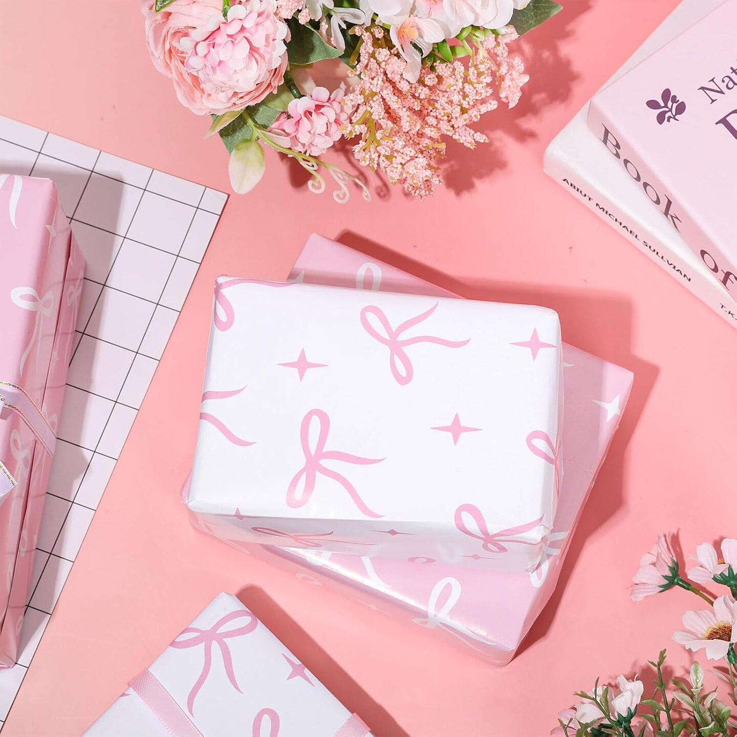 Pink Bow Wrapping Paper Sheets – 8 Pack, 19.7" x 27.6" | Coquette Bow Design for Valentine’s, Birthday, Baby Shower & DIY Crafts (Pink, White)