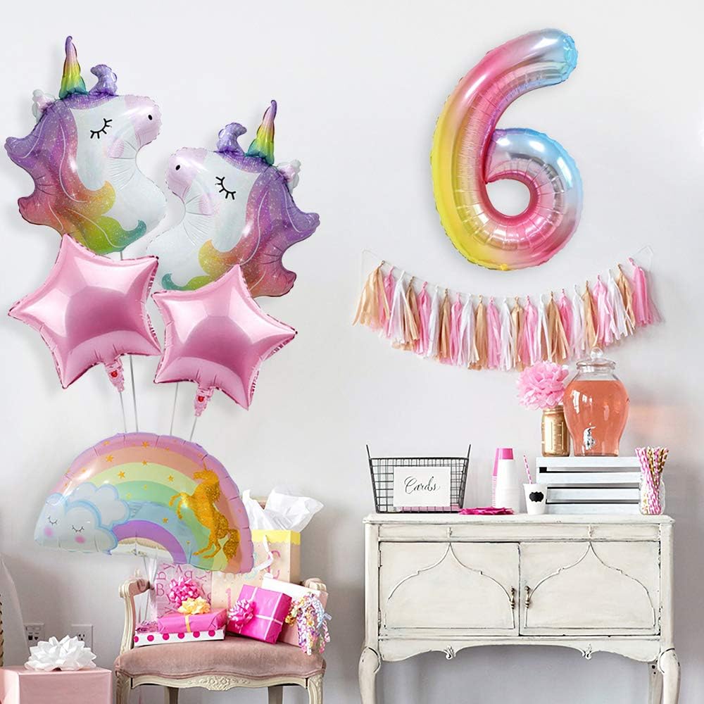 Unicorn Birthday Decorations for Girls 6th Birthday- Bouquet of Unicorn Mylar Balloons for Rainbow Unicorn Party Supplies (Number 6)