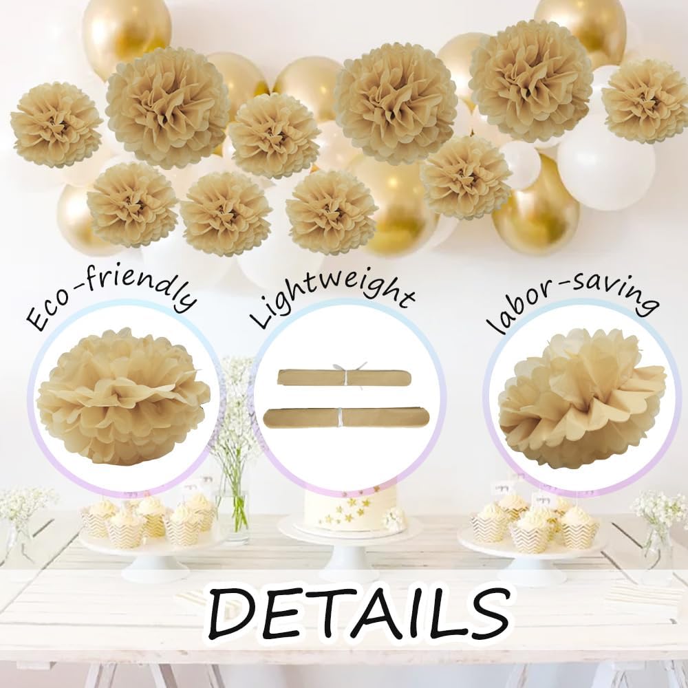 12 Pieces Tissue Paper Pompoms 10in and 12in Hanging Tissue Flowers Decorations Colour Paper Flower Ball Paper Flowers Pom Poms for Party Wedding Decoration (ZH/Khaki)