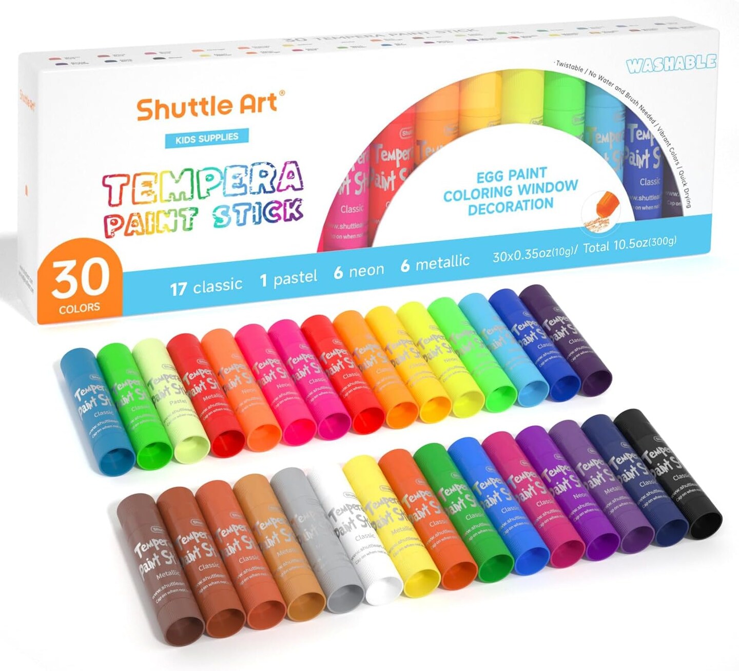 Tempera Paint Sticks - 30 Solid Colours - Quick Drying - Works Great on Paper, Wood, Glass, Ceramic, Canvas