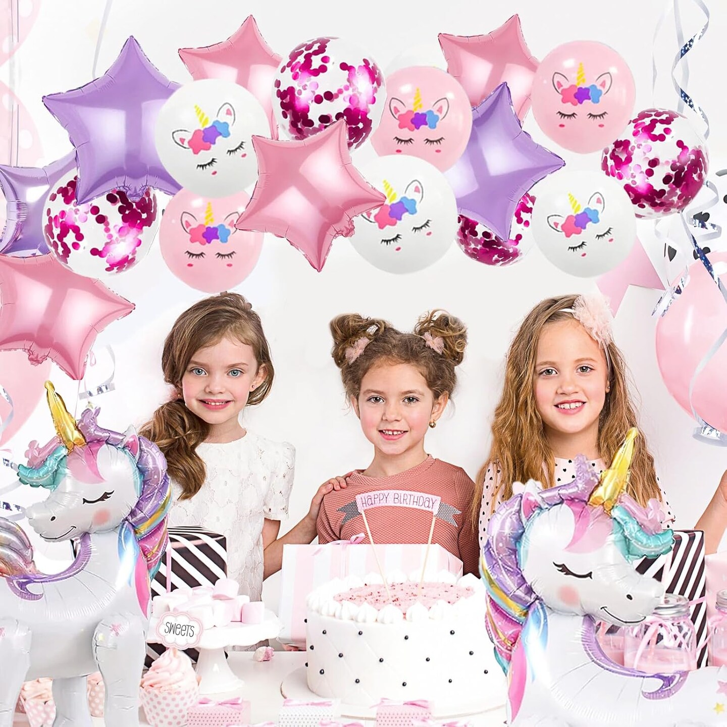 16 Pcs Unicorn Balloons Kit for Birthday Party Decorations - 2 Self Standing 3D Foil Unicorns, 4 Star Balloons &#x26; 10 Printed Latex Balloons with Tying Tool (No Helium Needed)