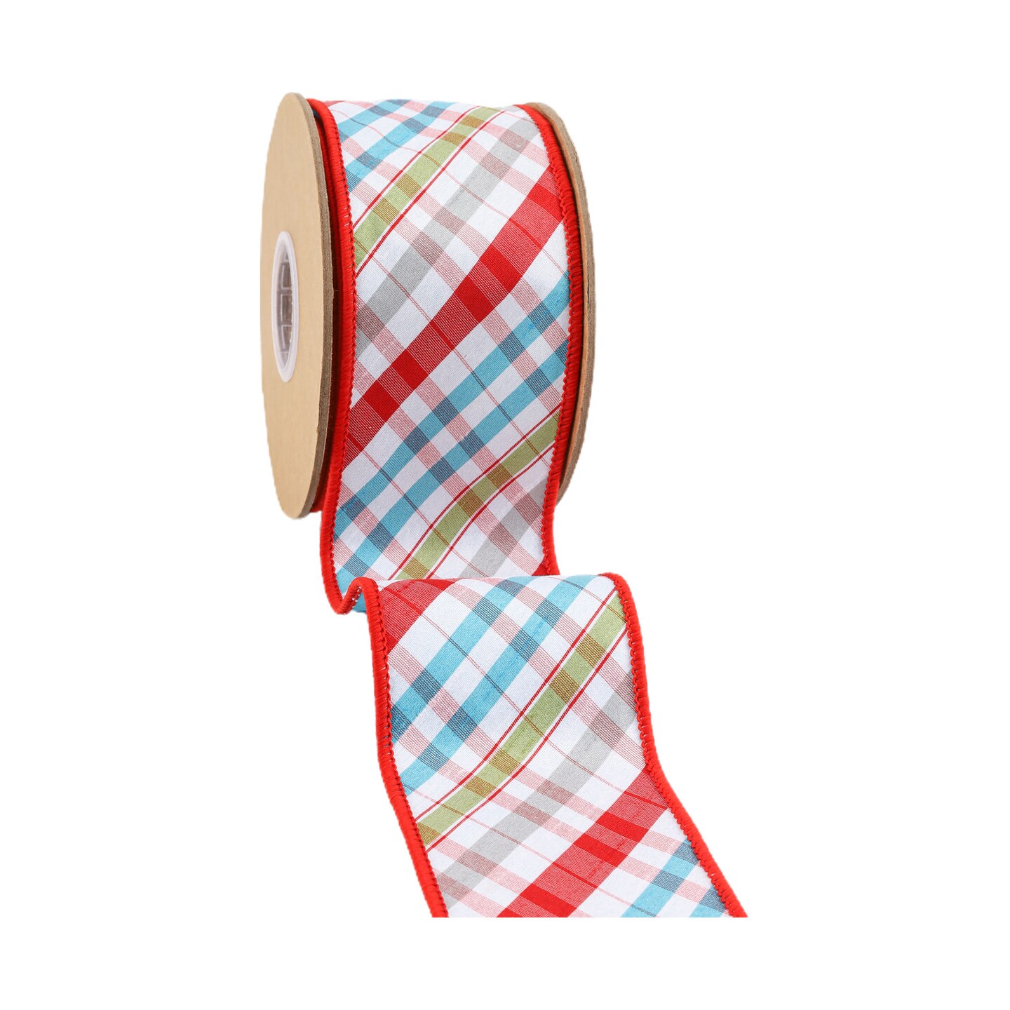 LaRibbons 4" - 2 1/2" Wired Taffeta Ribbon | Red/Turquoise/Apple Green/White Plaid Bias Cut Double-Fused w/ Turquoise Backing | 10 Yard Roll