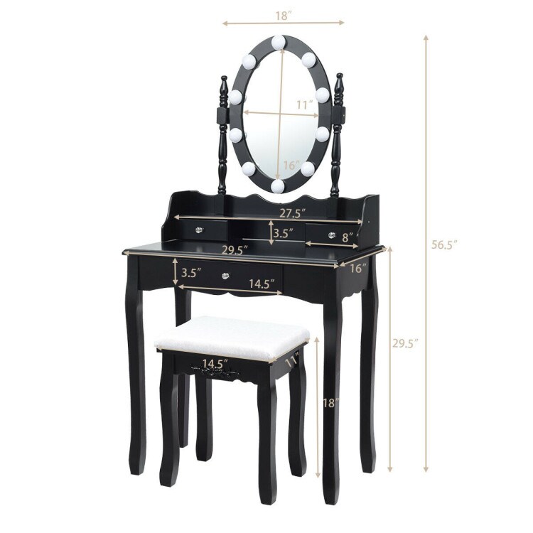 Black LED Vanity Table with 360 Degree Rotating Mirror Adjustable Brightness Large Storage Drawers and Stool