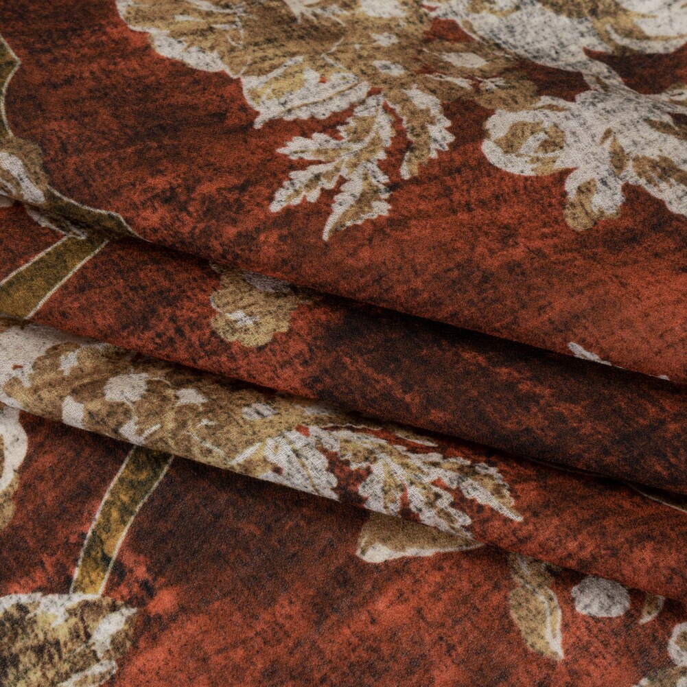 1 Yard Cotton Crepe - Red Ochre, Beige and Cream Distressed Roses and Frames