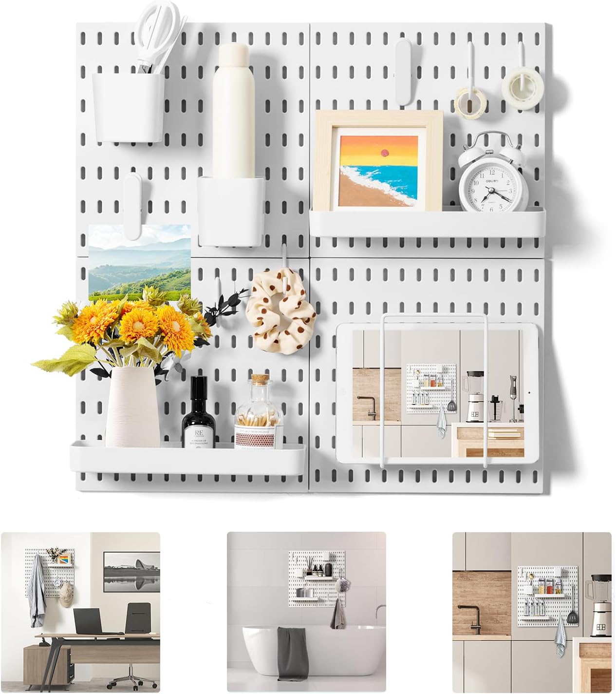 Pegboard Wall Organizer Kit, 4 Panels with 17 Accessories, Modular Hanging Storage for Home Office, Bedroom, Bathroom & Craft Rooms, 22” x 22”, White
