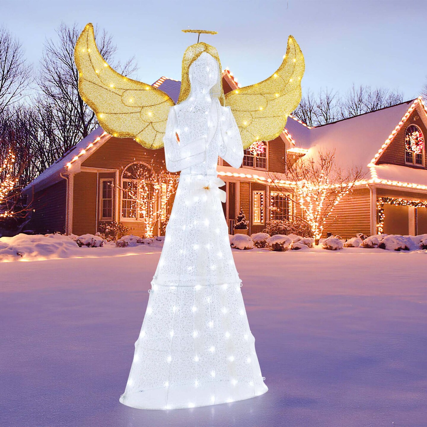 Costway 5 ft Festive Pre-Lit Angel with Halo Wings & 150 LED Lights Zip Ties Ground Stakes