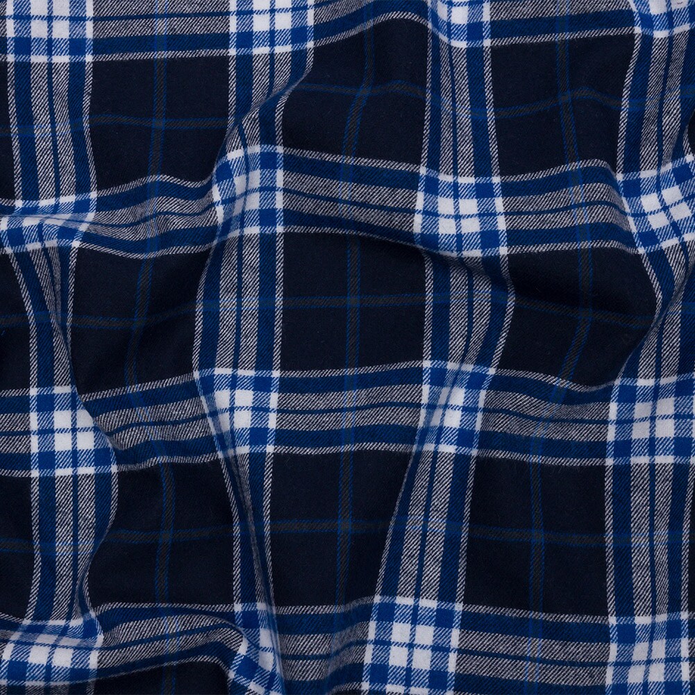 1 Yard Navy Cobalt and White Plaid Cotton Flannel Fabric 56 inch Width