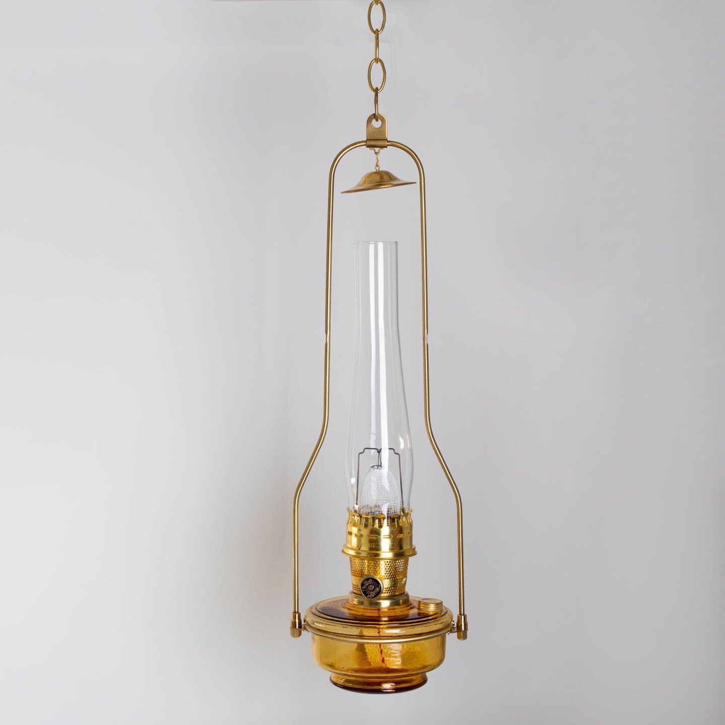 Aladdin Brass Hanging Oil Lamp, Amber Regency Genie III Chandelier for Homesteaders or Emergencies, 28 in tall, Amber Glass Bowl with Brass Burner