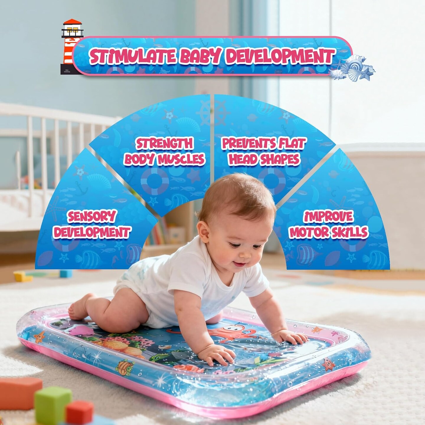 4E's Novelty Water Mat for Babies - Inflatable Tummy Time Water Mat for Sensory Development, Baby Play Mat
