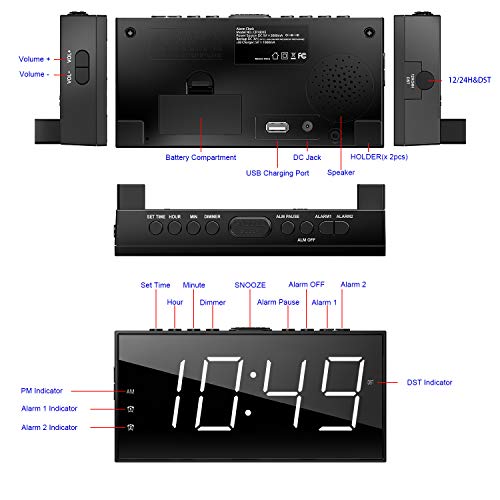 Clock for Bedroom, 2 Alarms Loud LED Big Display Plug in Simple Basic Digital Clock with USB Charging Port, Adjustable Volume, Dimmable, Snooze for Deep Sleepers Kids Elderly Home Office