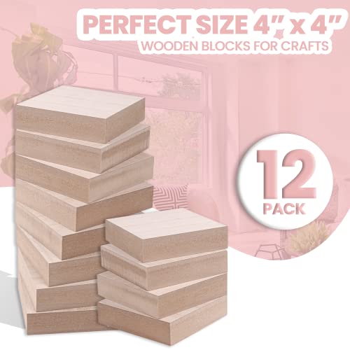 12 Pieces - 4” x 4” Wooden Blocks for Crafts - 1-Inch Thick Square MDF Blocks - Smooth Surface with Wood Grain Pattern - Highly Customizable Blank Wood Squares
