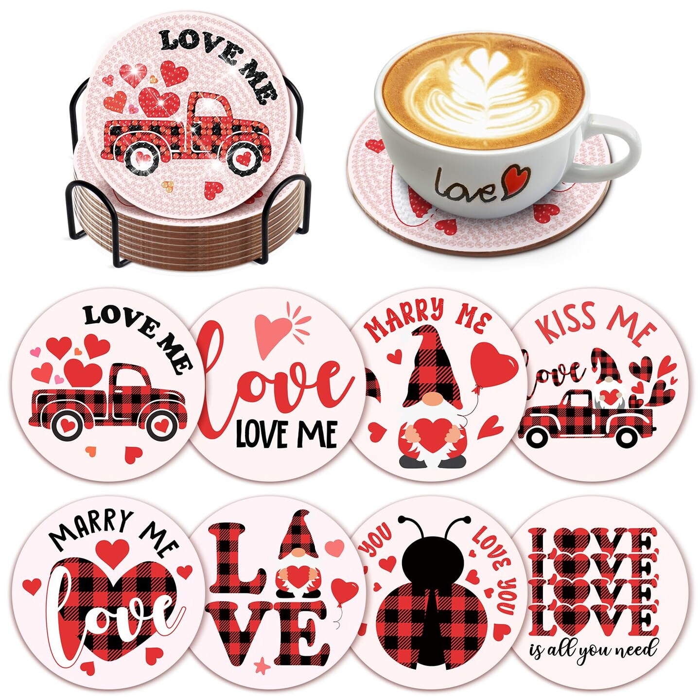 8 Pieces Valentine&#x2019;s Day Diamond Art Coasters Love Diamond Painting Coasters Kits with Holder DIY Coasters for Beginners, Adults, Kids, Diamond Art Crafts Supplies (Valentines)