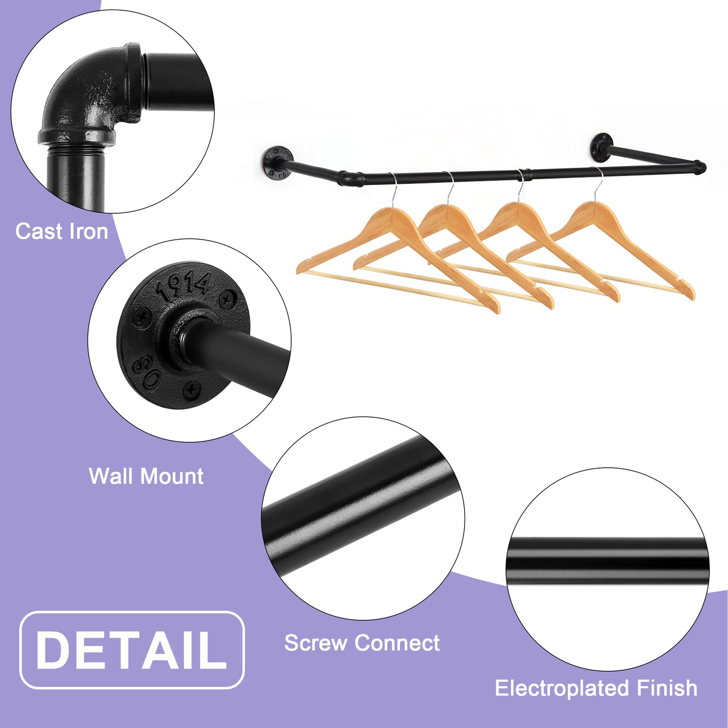 2pcs Wall Mounted Clothes Rack Pipe Coat Hanger Garment Racks Cloth Storage