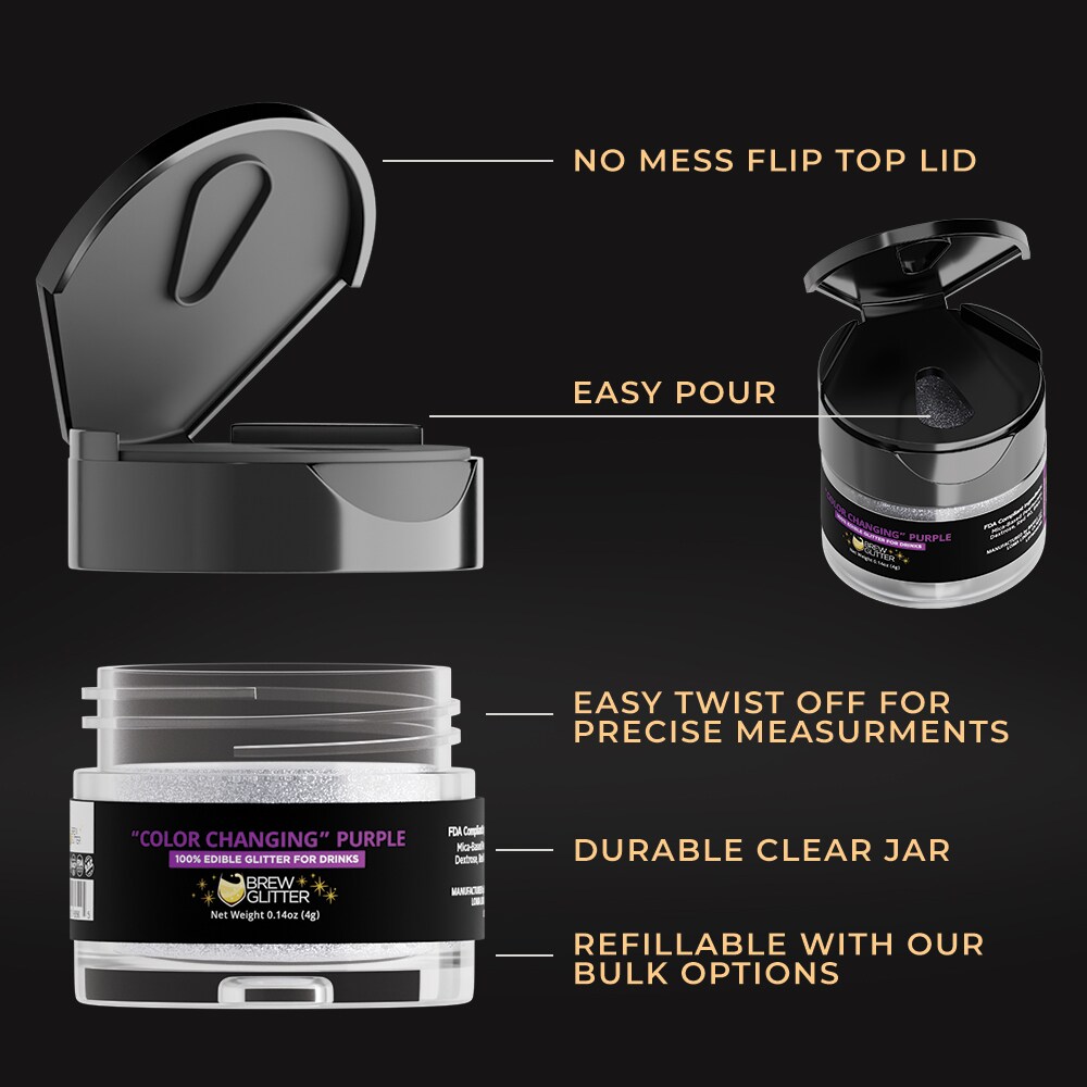 Brew Glitter - Purple Color Changing Edible Drink Glitter (4g, x1 Flip-Cap Jar) for Beer, Cocktails and Beverages