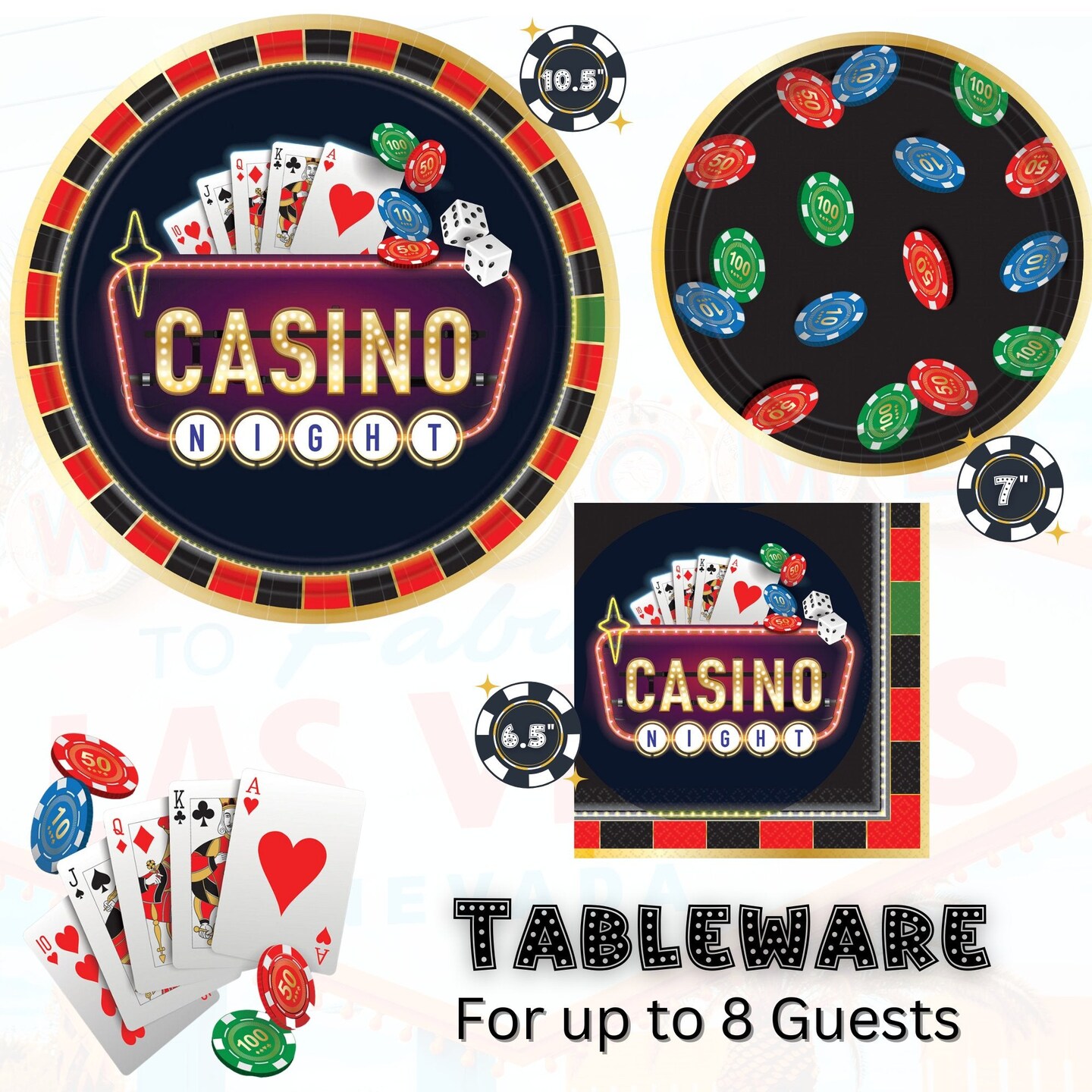 Casino Night Party Supplies Bundle, 10.5&#x22; Paper Dinner Plates, 7&#x22; Paper Appetizer Plates, and Luncheon Napkins, Serves 8