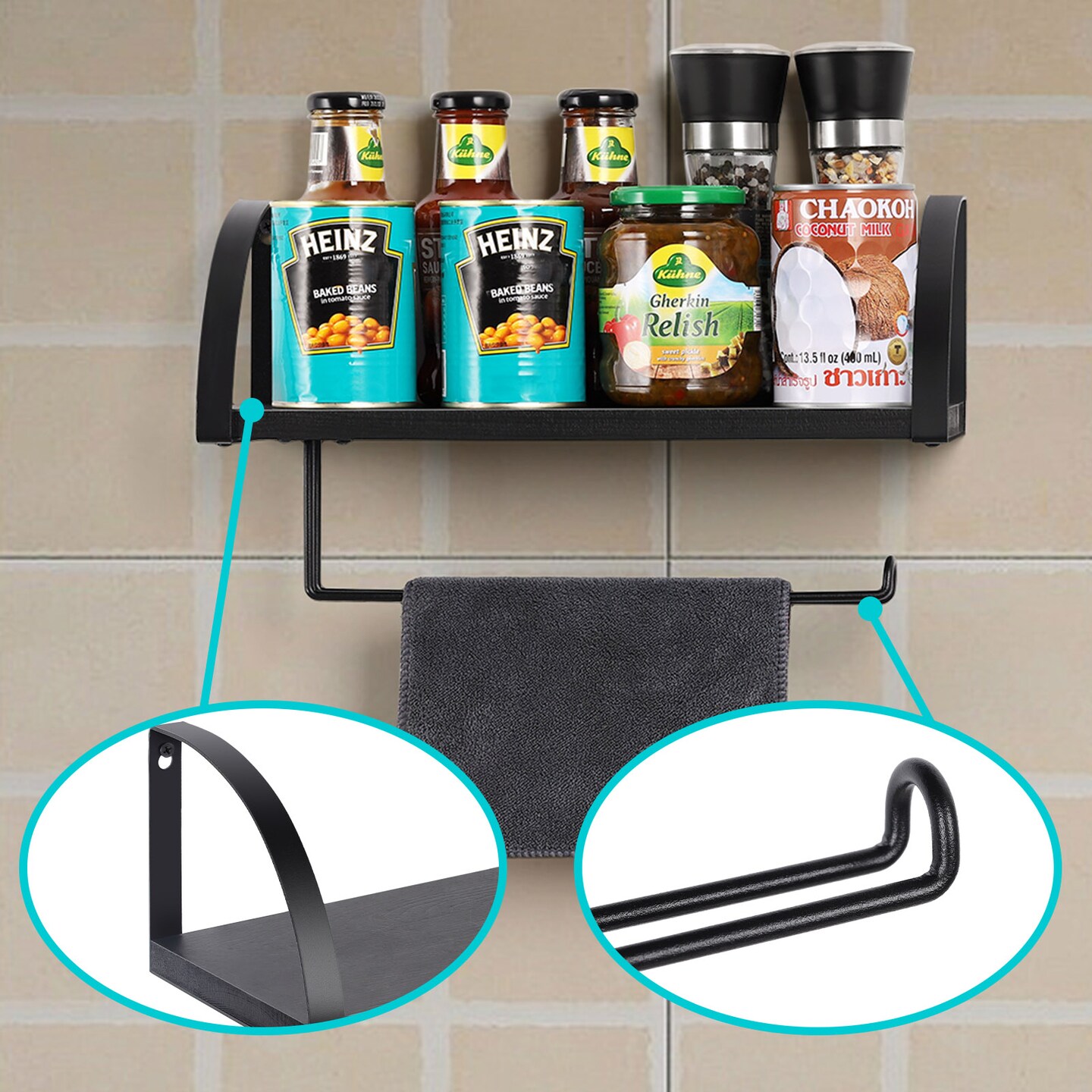 Black Paper Towel Holder with Shelf Farmhouse Paper Towel Holder Wall Mount Toilet Paper Holder Dispenser Wall Hanging Spice Rack for Kitchen Bathroom Cabinets Storage Organizer