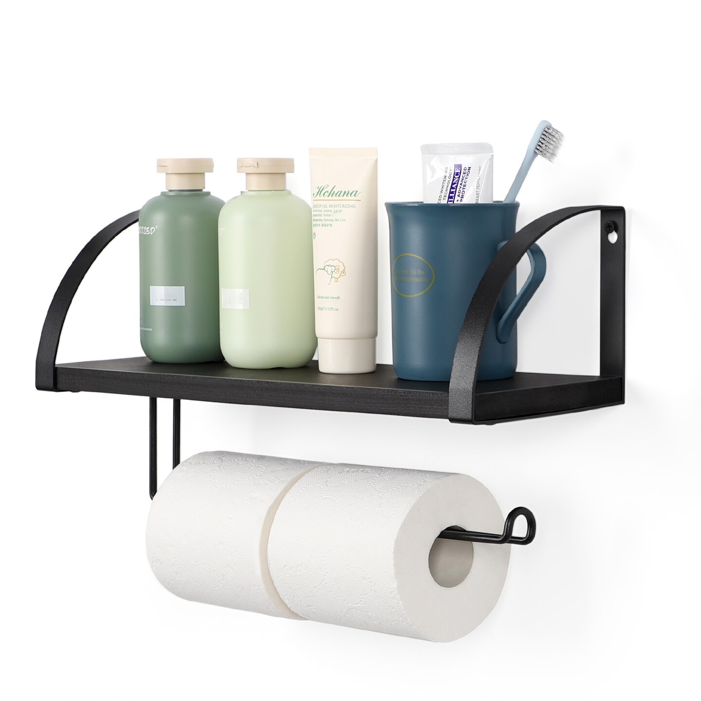 Black Paper Towel Holder with Shelf Farmhouse Paper Towel Holder Wall Mount Toilet Paper Holder Dispenser Wall Hanging Spice Rack for Kitchen Bathroom Cabinets Storage Organizer