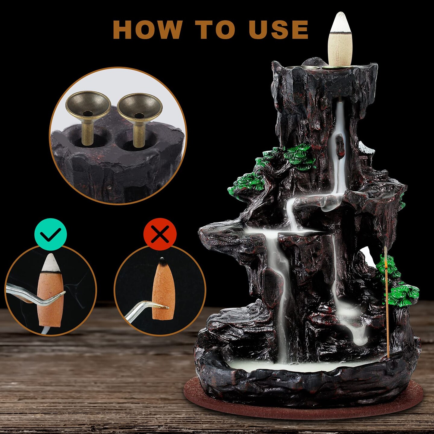 Incense Burner, Backflow Holder Waterfall 2 Sides, with 120 Cones, 30 Sticks, Aromatcherapy Ornamen