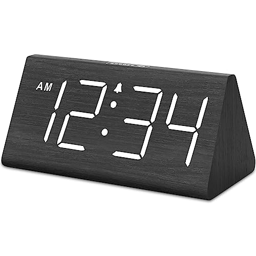 Wooden Digital Alarm Clocks for Bedrooms - Electric Desk Clock with Large Numbers, USB Port, Battery Backup Alarm, Adjustable Volume, Dimmer, Snooze, DST, 12/24H, Wood Décor (Black)