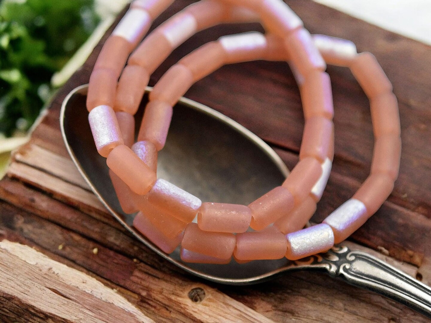 *16* 9x5mm Etched Peach Mango AB Tube Beads