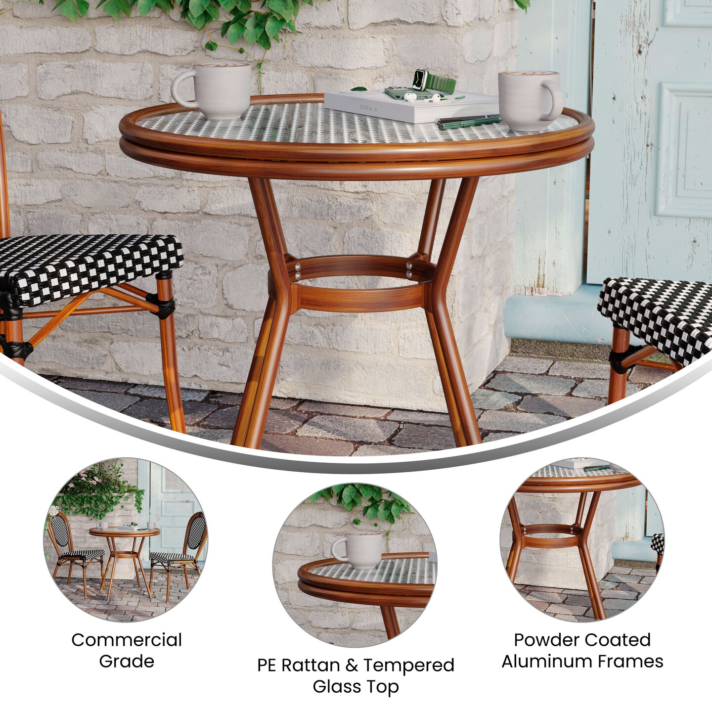 Merrick Lane Celia Bistro Style Table with Tempered Glass Top, PE Rattan, and Bamboo Finished Metal Frame for Indoor/Outdoor Use