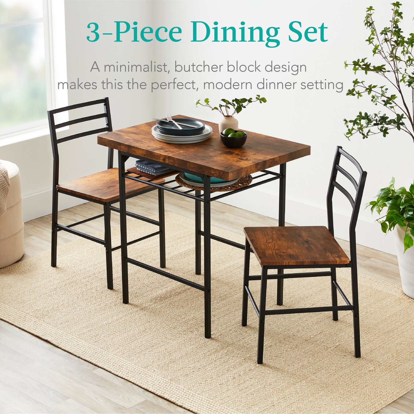 Best Choice Products 3-Piece Modern Dining Set, Square Table &#x26; Chairs Set w/ Steel Frame, Built-In Storage Rack