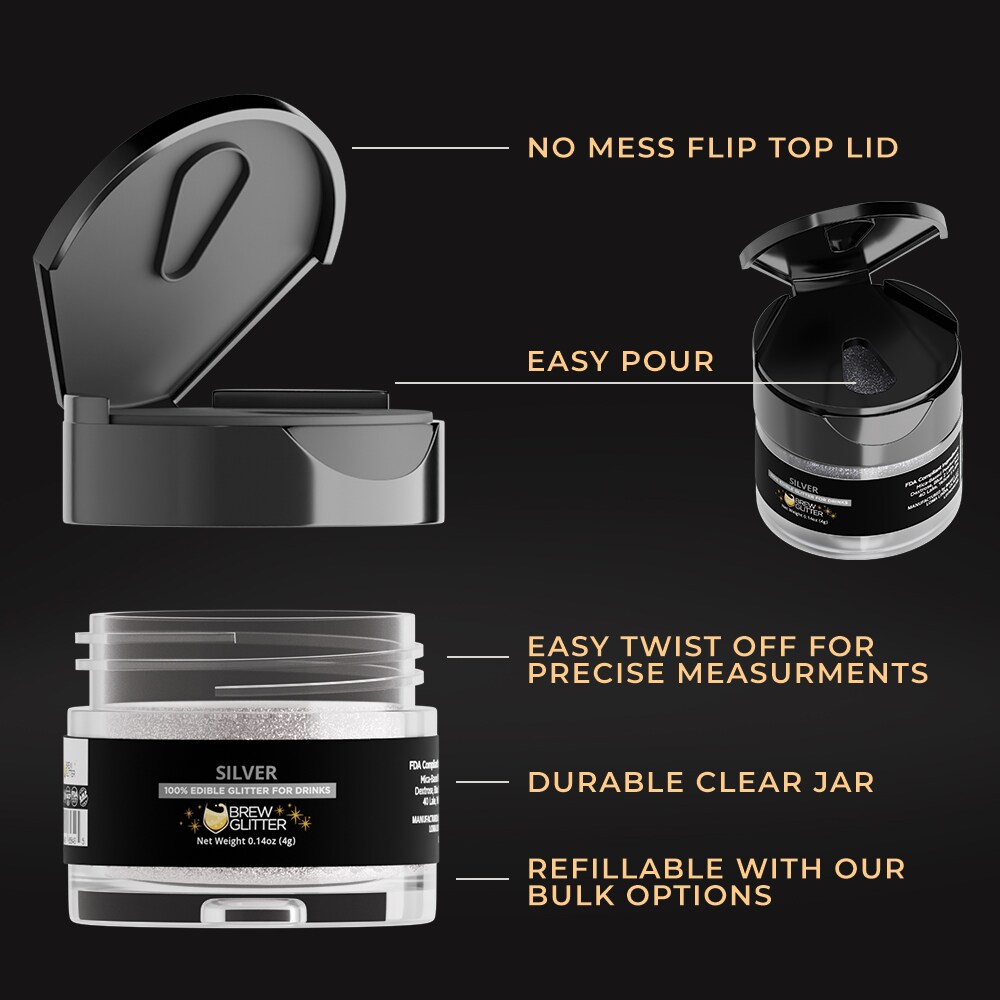 Brew Glitter - Silver Edible Drink Glitter (4g, x1 Flip-Cap Jar) for Beer, Cocktails and Beverages