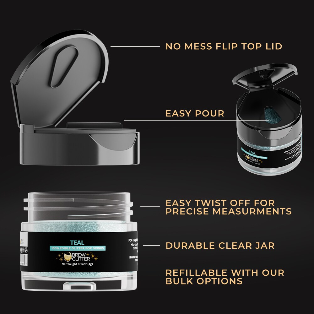 Brew Glitter - Teal Edible Drink Glitter (4g, x1 Flip-Cap Jar) for Beer, Cocktails and Beverages