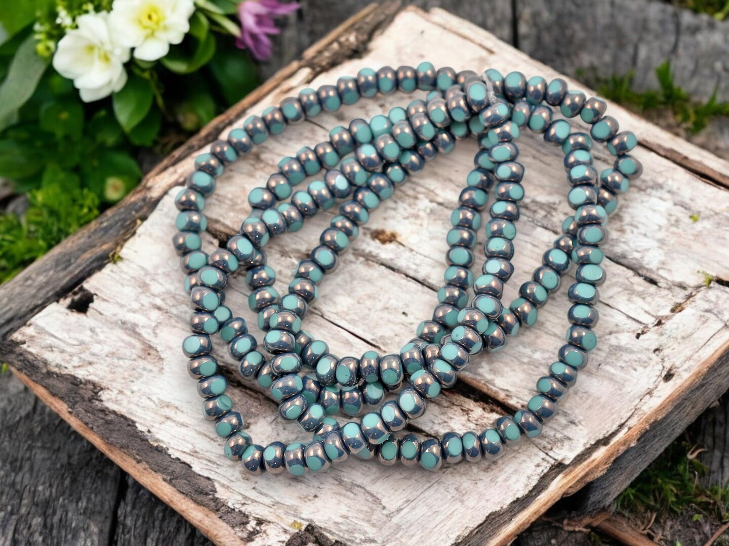 *50* 4x3mm Purple Bronze Washed Opaque Turquoise Trica Beads