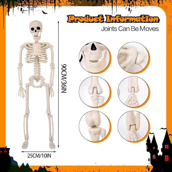 36 Inch Skeleton Halloween Decor, Halloween Skeleton with Movable Joint, Skeleton for Halloween Haunted House Accessories Bar Graveyard, Party Supplies, Halloween Decoration Outdoor Skeleton