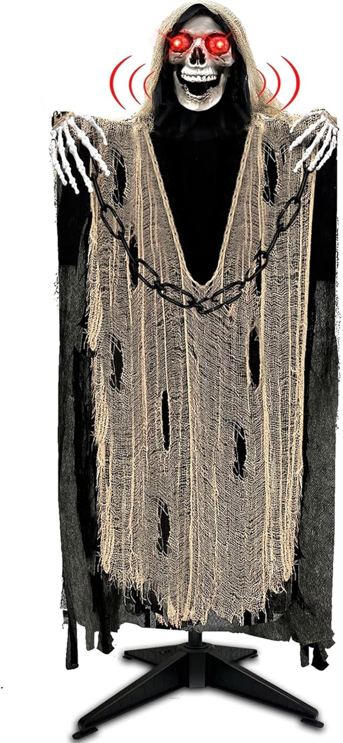 [ Sound Activated ] 65&#x22; Talking Halloween Animatronic Grim Reaper Decorations Outdoor Standing Skeleton with Chain Light Up Eyes Creepy Sound Life Size Halloween Decor Haunted House Prop Yard