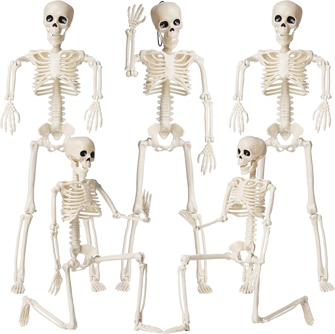 5 Pack Skeletons Halloween Decorations, 16&#x22; Plastic Full Body Posable Skeleton with Movable Joints, Small Hanging Skeleton for Halloween Outdoor Indoor Party Decor Haunted House Graveyard