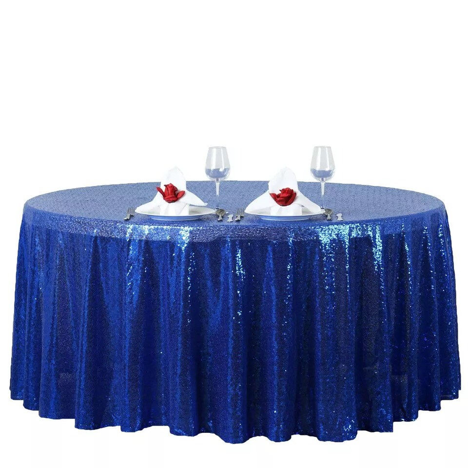 ROYAL BLUE Sequined 120" ROUND TABLECLOTH Designer Wedding Party Catering Linens
