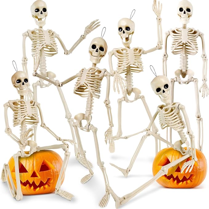 6 Pack Halloween Skeleton Decorations - 16&#x22; Poseable Skeletons with Full Body Movable Joints, Indoor and Outdoor Spooky D&#xE9;cor for Halloween Parties, Haunted Houses, and Yard Decorations