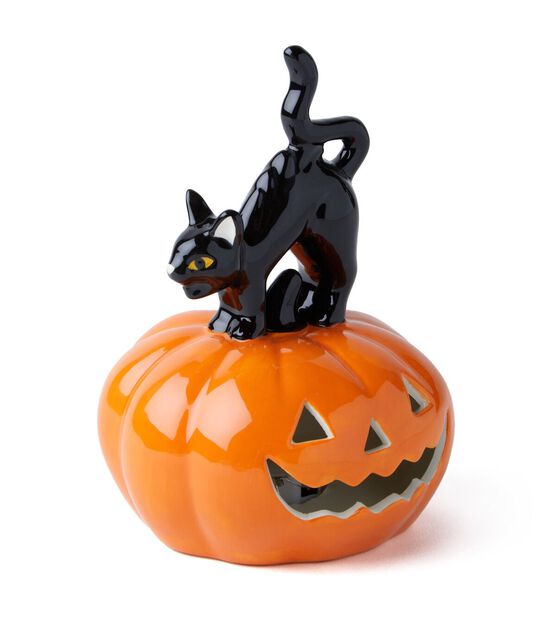 6&#x22; Orange Ceramic Pumpkin With Black Cat -Halloween LED