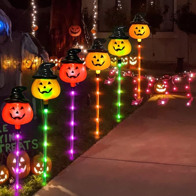 6PCS Halloween Pathway Lights 3 Colors Changing Jack-O-Lantern Markers String Lights for Holiday Home Garden Yard Party Outdoor Decoration