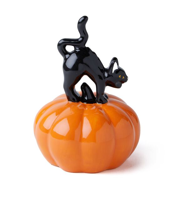6&#x22; Orange Ceramic Pumpkin With Black Cat -Halloween LED