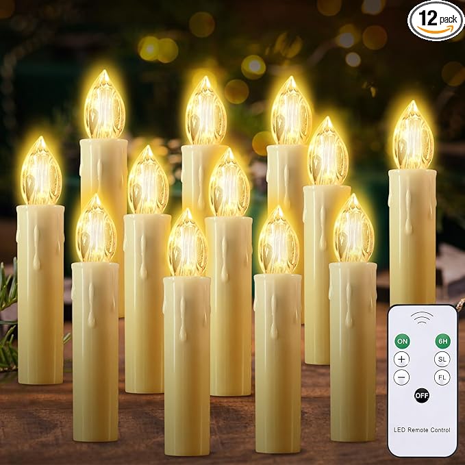 12PCS Led Flickering Lights Battery Operated with Remote Timer/Clips, Warm White Window Candles for Home Indoor Outdoor Christmas Trees Decor