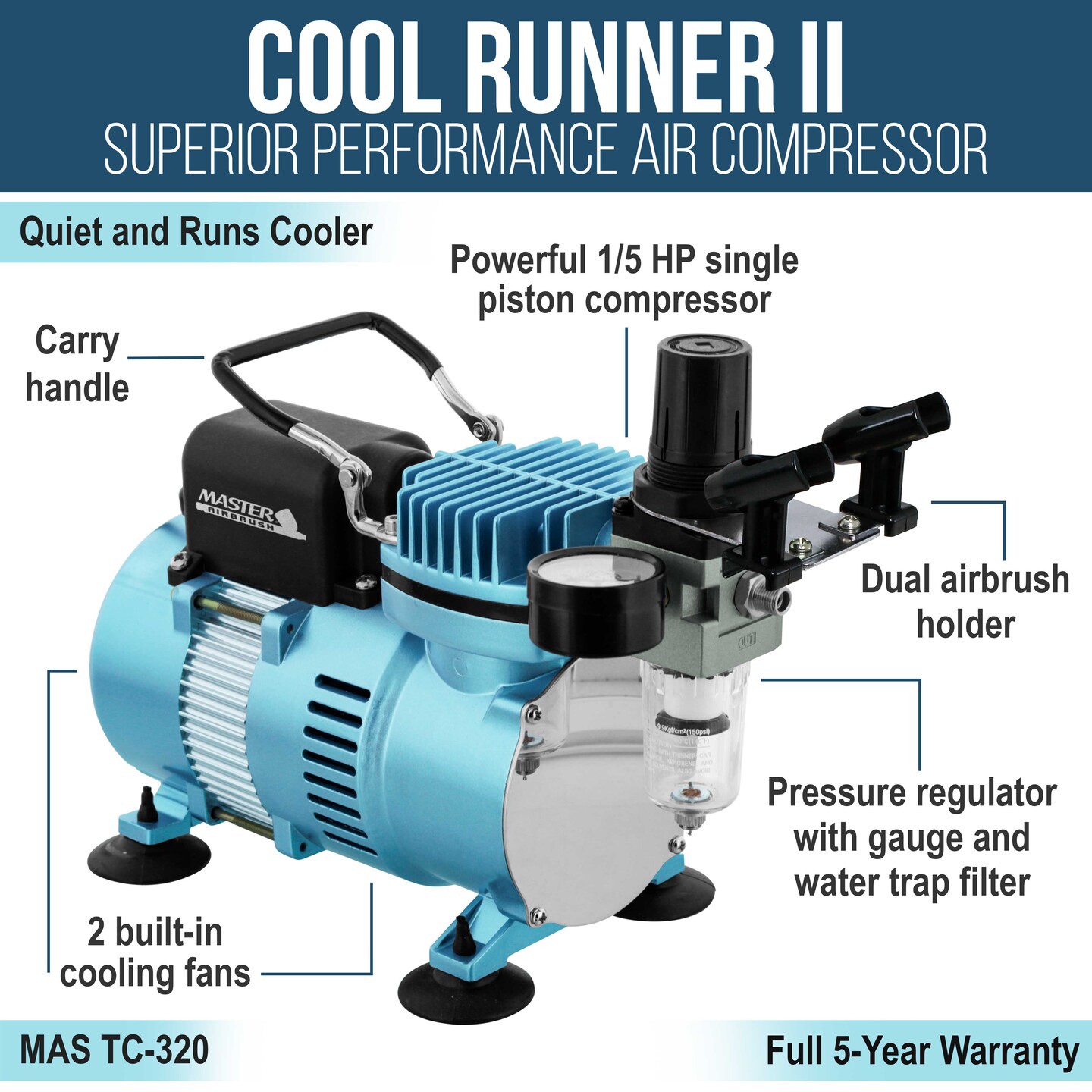 Cool Runner II Dual Fan Air Compressor Custom Body Art Airbrushing System with 3 Airbrush Sets, 3 Color Temp Tattoo Paint Set, 100 Stencils