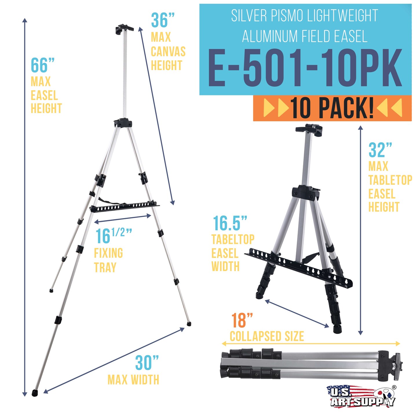 66&#x22; Sturdy Silver Aluminum Tripod Artist Field and Display Easel Stand, 10 Pack - Adjustable Height 20&#x22; to 5.5 Feet, Holds 32&#x22; Canvas - Floor Tabletop