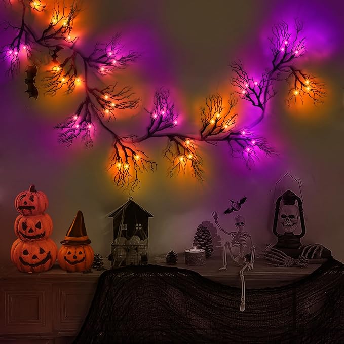 Willow Vine Twig Halloween Garland Decorations Orange &#x26; Purple Lights, Battery Operated Waterproof Halloween Decorations for Home Wall Fireplace Mantle Decor