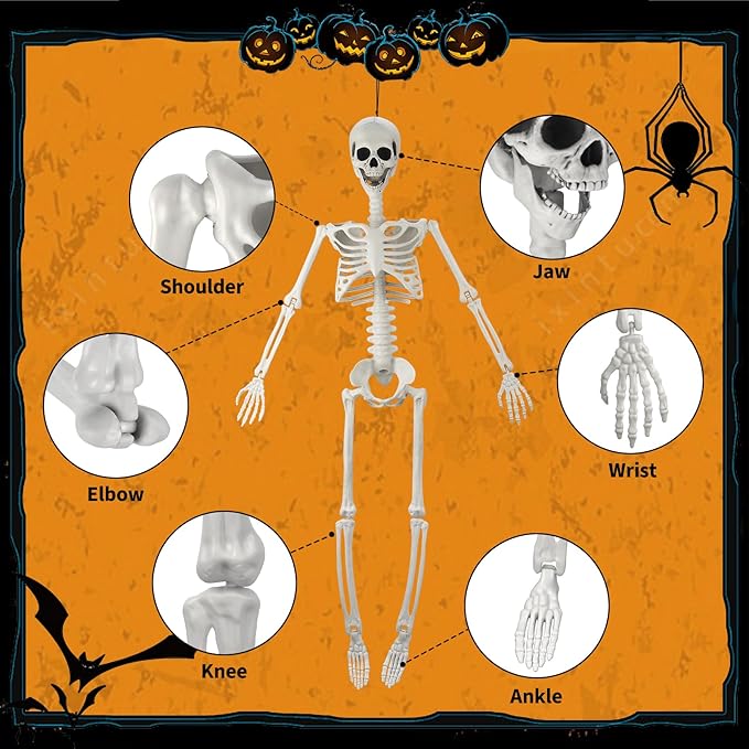 36&#x22; Skeleton Halloween Decor, 3FT Posable Halloween Skeleton Decorations, Realistic Full Body Plastic Skeleton for Halloween Party Decor, Haunted House Graveyard Props Indoor Outdoor Decorations