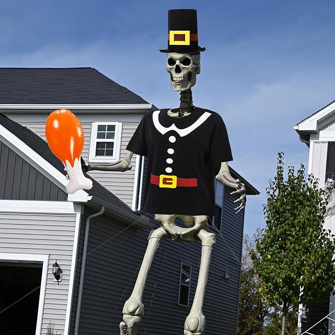 12 ft Giant Sized Skeleton Costume Set Extra Large Shirt and Hat Inflatable Turkey Leg for Garden Lawn Outdoor Decor (Skeleton Not Included) (Pligrim)