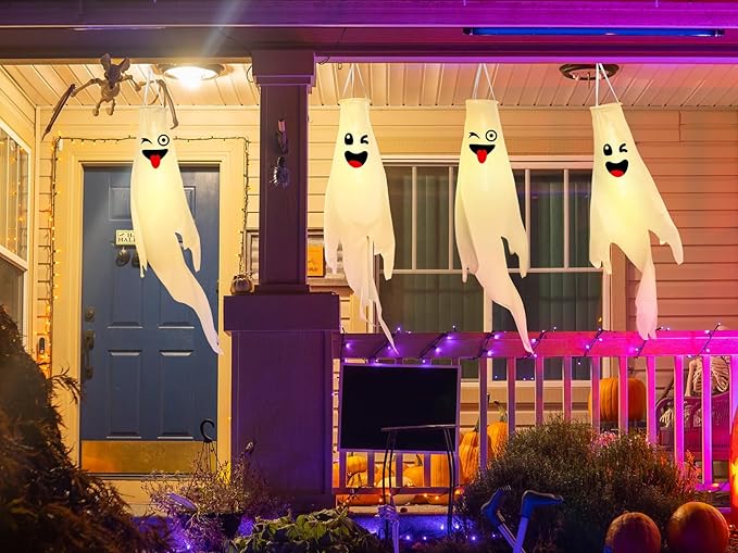 Cute Hanging Ghosts with Timer and LED Lights, Waterproof Outdoor Decor for Trees, Porch, and Yard (Batteries Not Included)